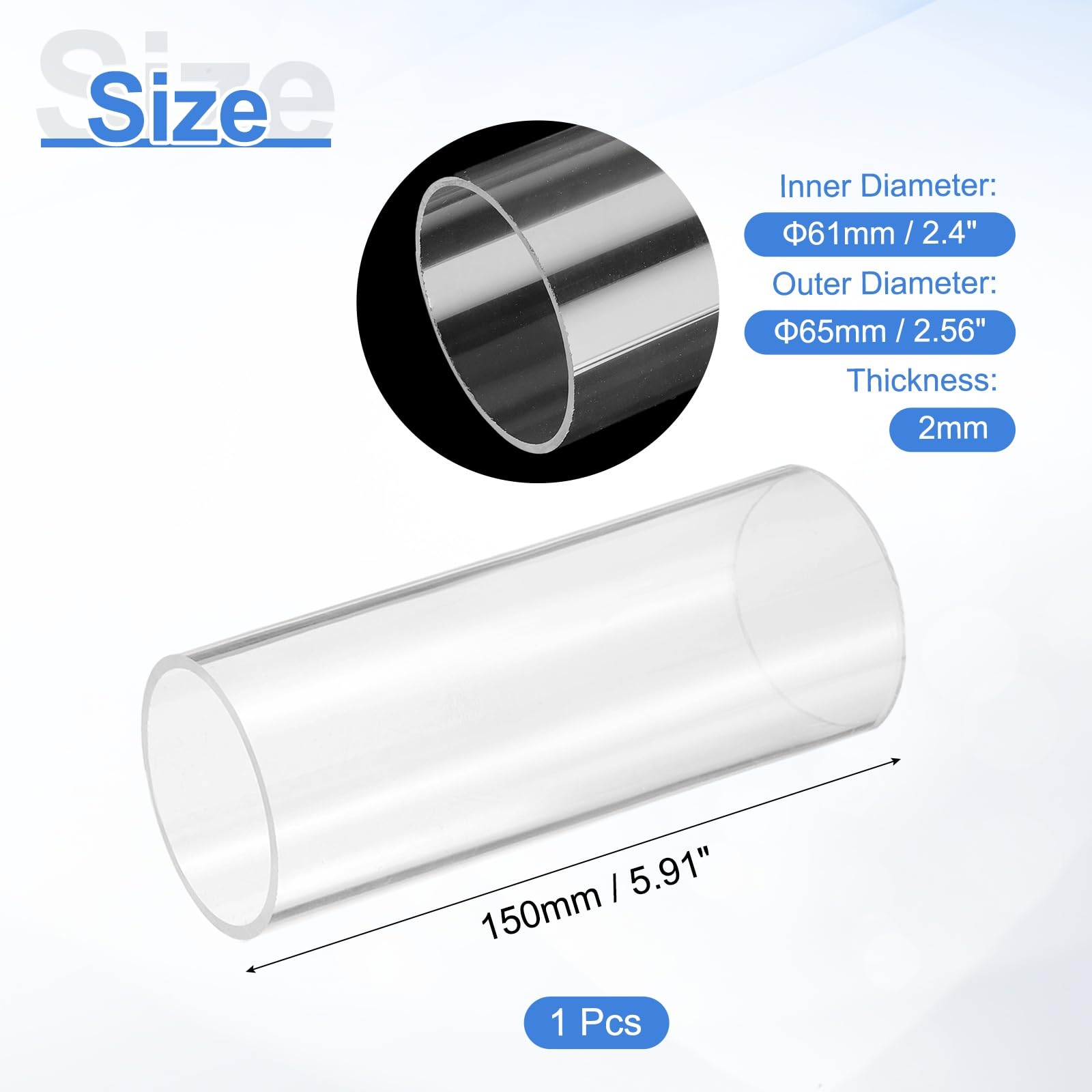 sourcing map Tuyau rond en acrylique rigide transparent de 61 mm x 65 mm de diamètre extérieur pour plomberie, éclairage, projets de bricolage