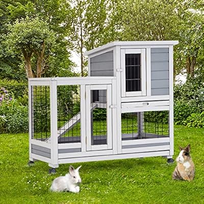 UNIONLINE 92cm Tall Wood Rabbit Hutch Indoor for Small Animals Double Decker Outdoor Guinea Pig Rabbit Cage with run, Pull Out Tray and Ramp