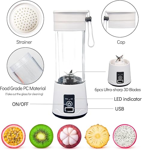 Miniatura 2 de Licuadora portátil para batidos y licuados de frutas, pequeña bebida personal, licuadora eléctrica, recargable por USB, 12.8 fl oz (13 onzas) y 6