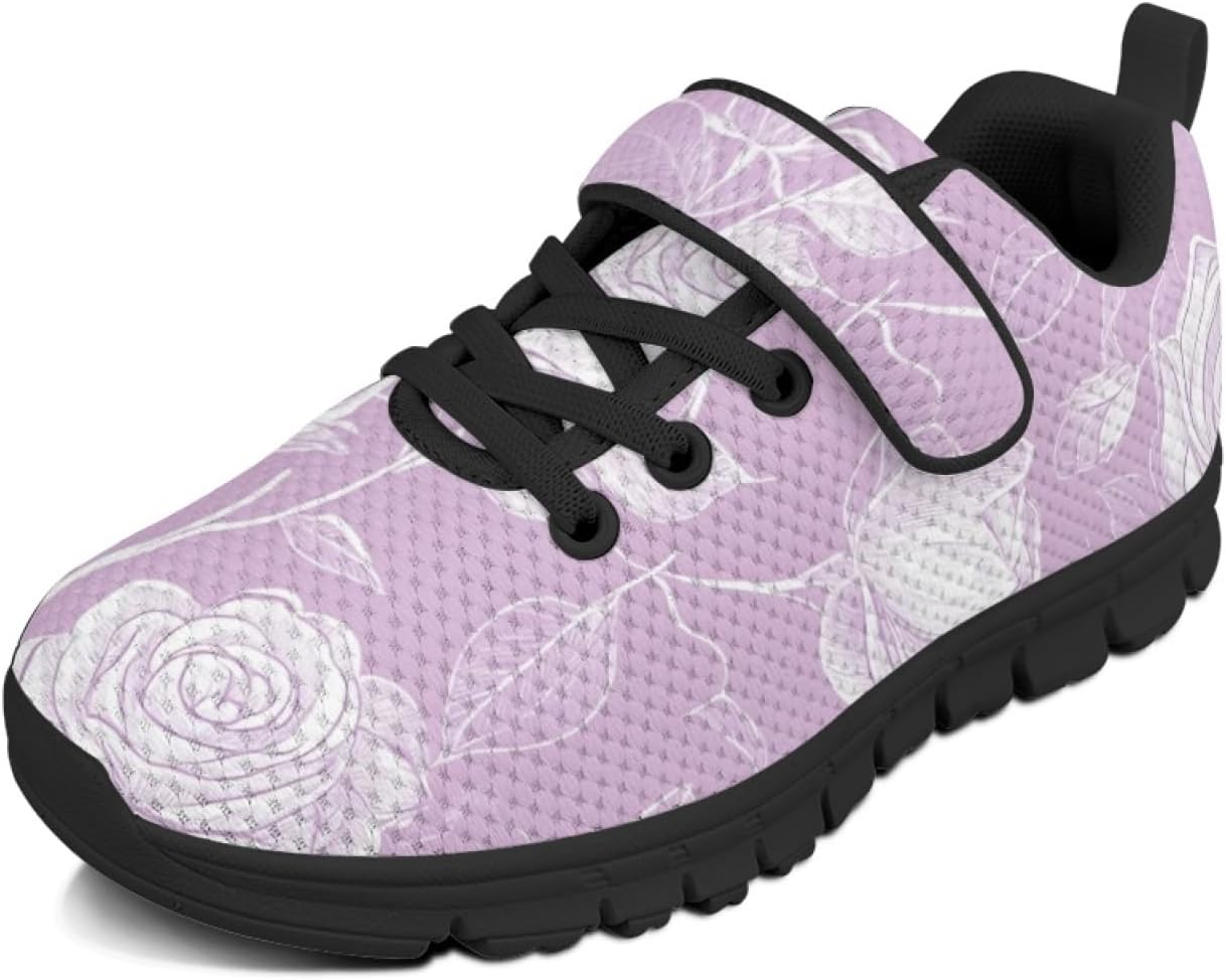Purple Black Lightweight Girls Running Shoes with Hook and Loops Breathable Safe Walking Bowling Shoes Lace Up Soft Materials Sneakers for Kids Indoor Daily Casual Stitch Sneakers for Girls