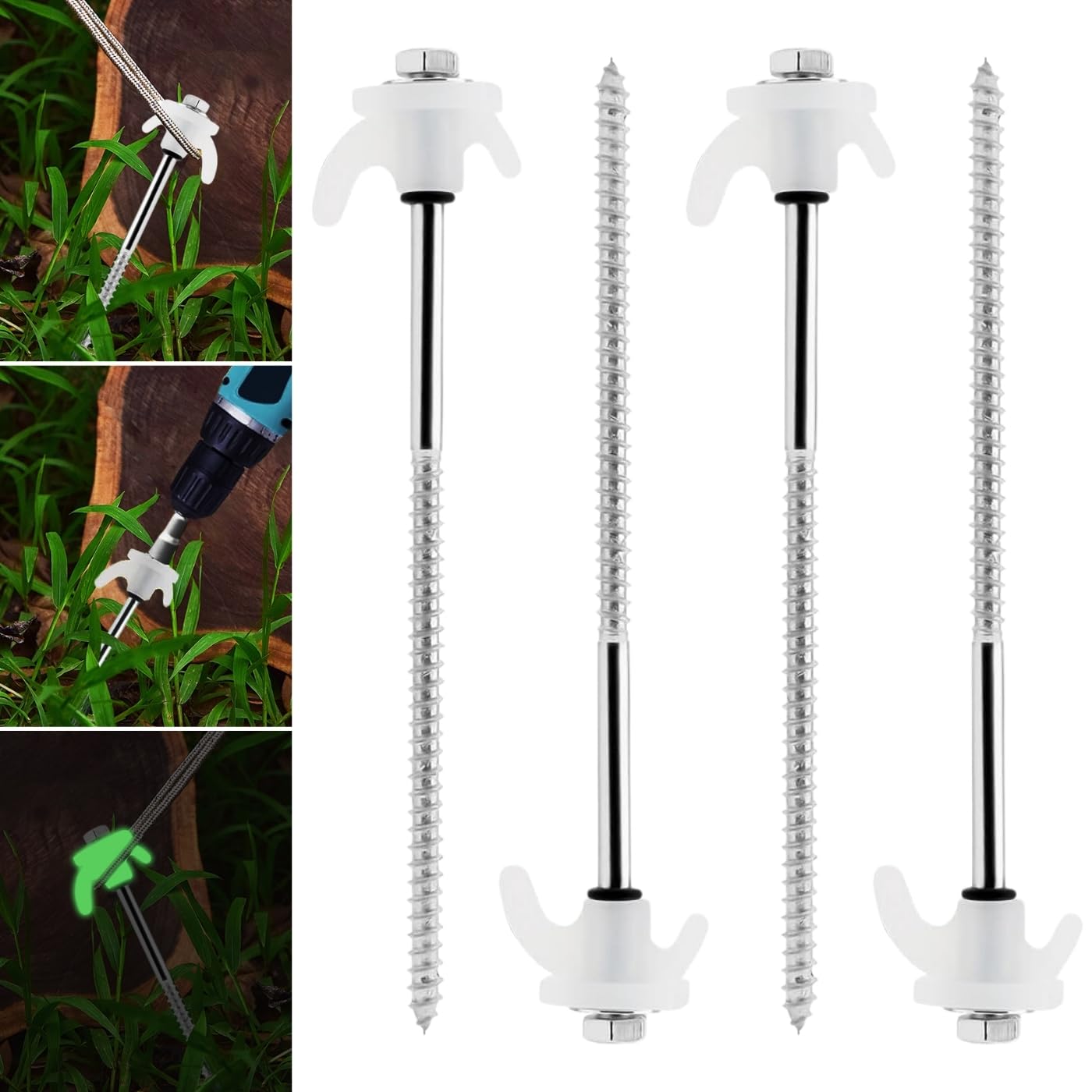 8" Screw-in Tent Stakes, 4-Pack Heavy Duty Metal Threaded Spikes With Night Luminous Function, Ground Stakes for Outdoor Camping - Tent Pegs