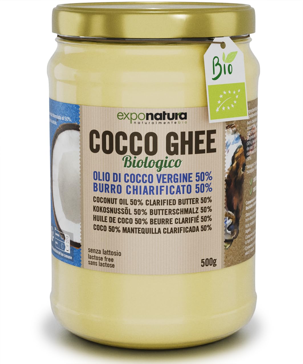 Ghee Bio - beurre clarifié selon l'ancienne recette ayurvédique - uniquement à partir du lait de vaches au pâturage - extrêmement digestible sans lactose - Exponatura (500 g, Mélange Coco-Ghee)