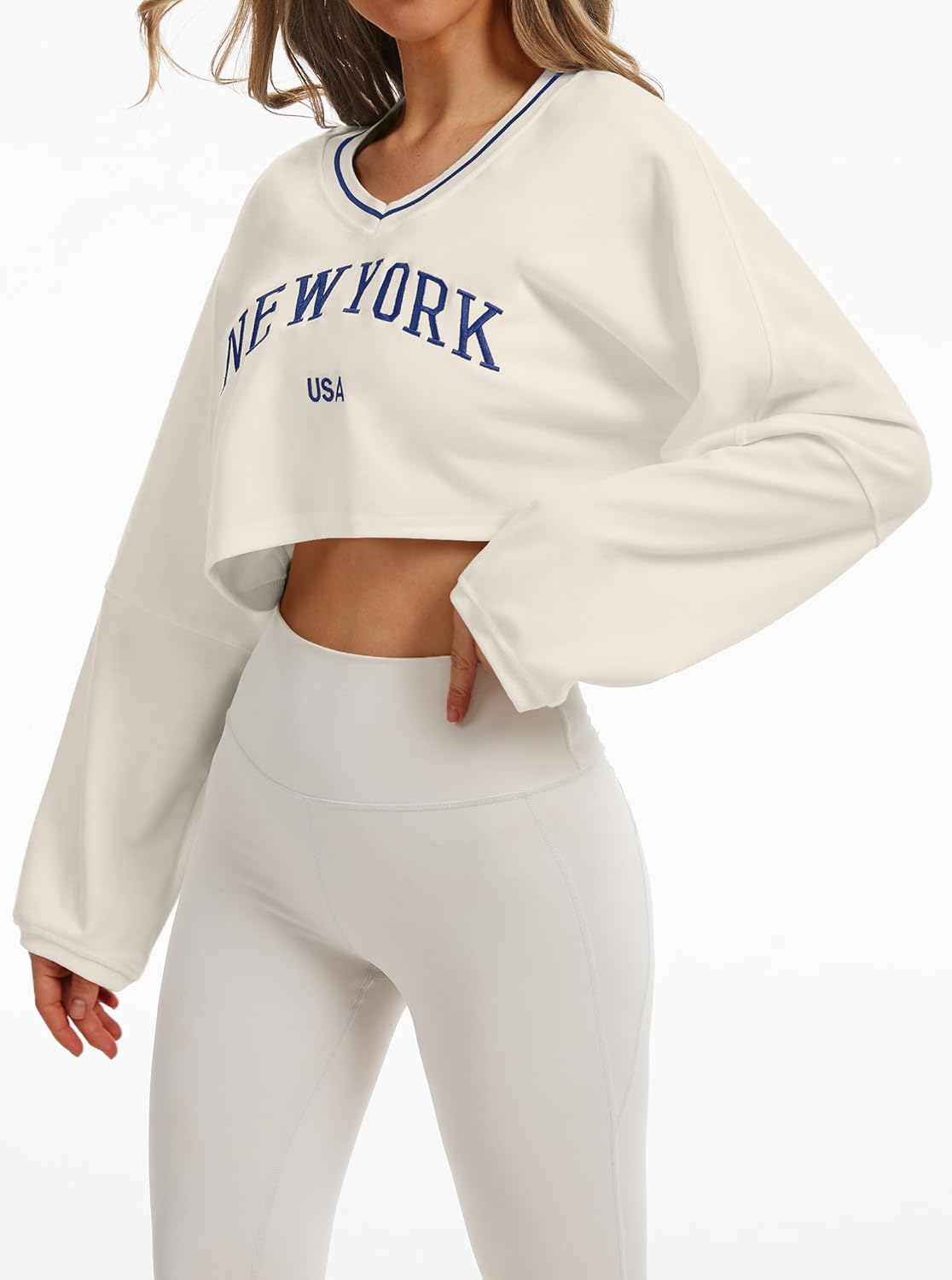 Remidoo Women's Embroidery Graphic Cropped Sweatshirt V Neck Loose Long Sleeve Crop Top - Image 3