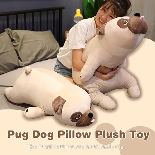 Miniatura 3 de Seyomi Almohada suave de peluche de bulldog de 27.6 pulgadas, linda muñeca de peluche de pug, cojín esponjoso para abrazar