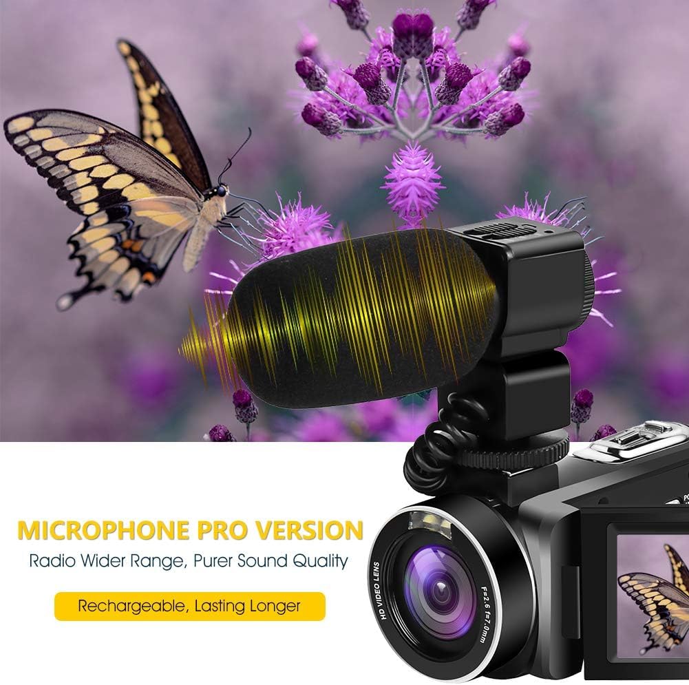 Caméra Vidéo Caméscope FHD 1080P 24MP 30FPS Vlogging Caméra 3.0 '' 270 ° Pivotant IPS Écran 18x Numérique Zoom IR Nuit Vision Numérique Caméra avec Télécommande, Microphone et 2 Batteries