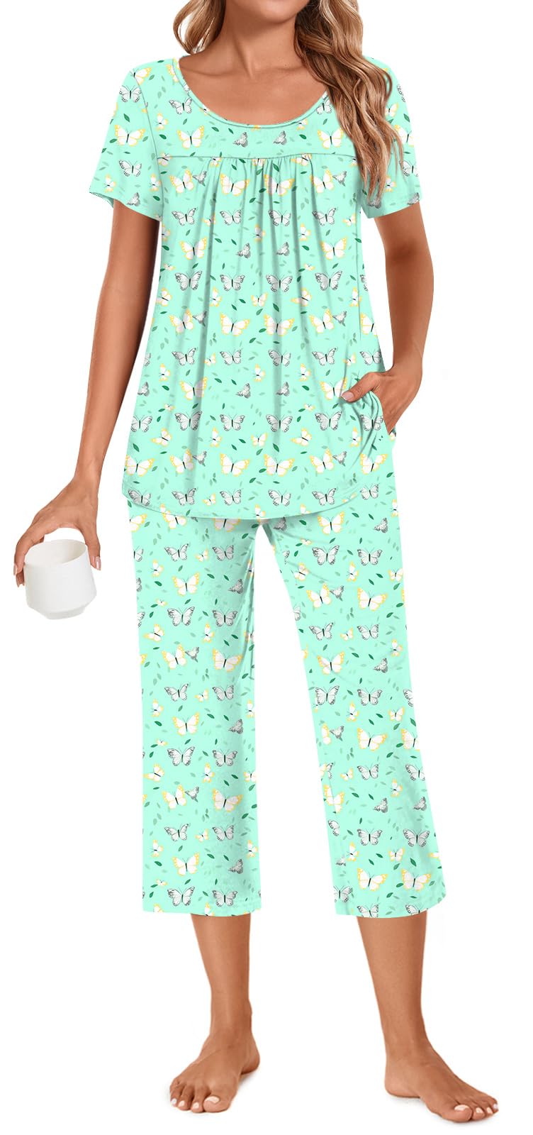 POPYOUNG Womens Pajama Sets Summer Ladies Pjs 2 Piece Loungewear Capri with Pockets Sleepwear