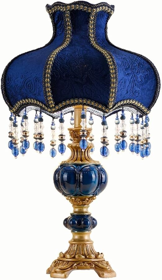 YmkYcun Victorian Style Table Lamp Blue Fabric Lampshade HandMade