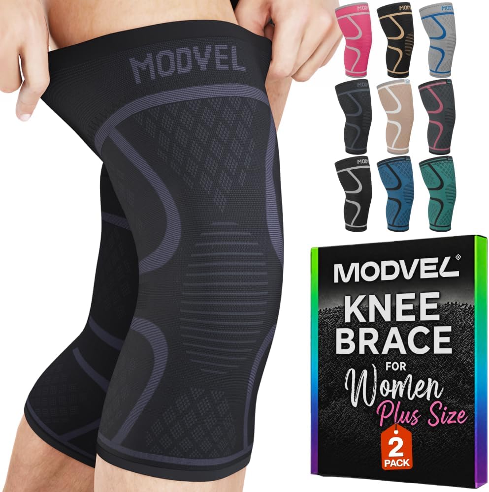 Modvel 2 Pack Knee Brace for Women - Knee Support for Walking, Knee Compression Sleeves for Pain Relief, Knee Sleeves for Women, Knee Brace for Sports, Workouts & Arthritis