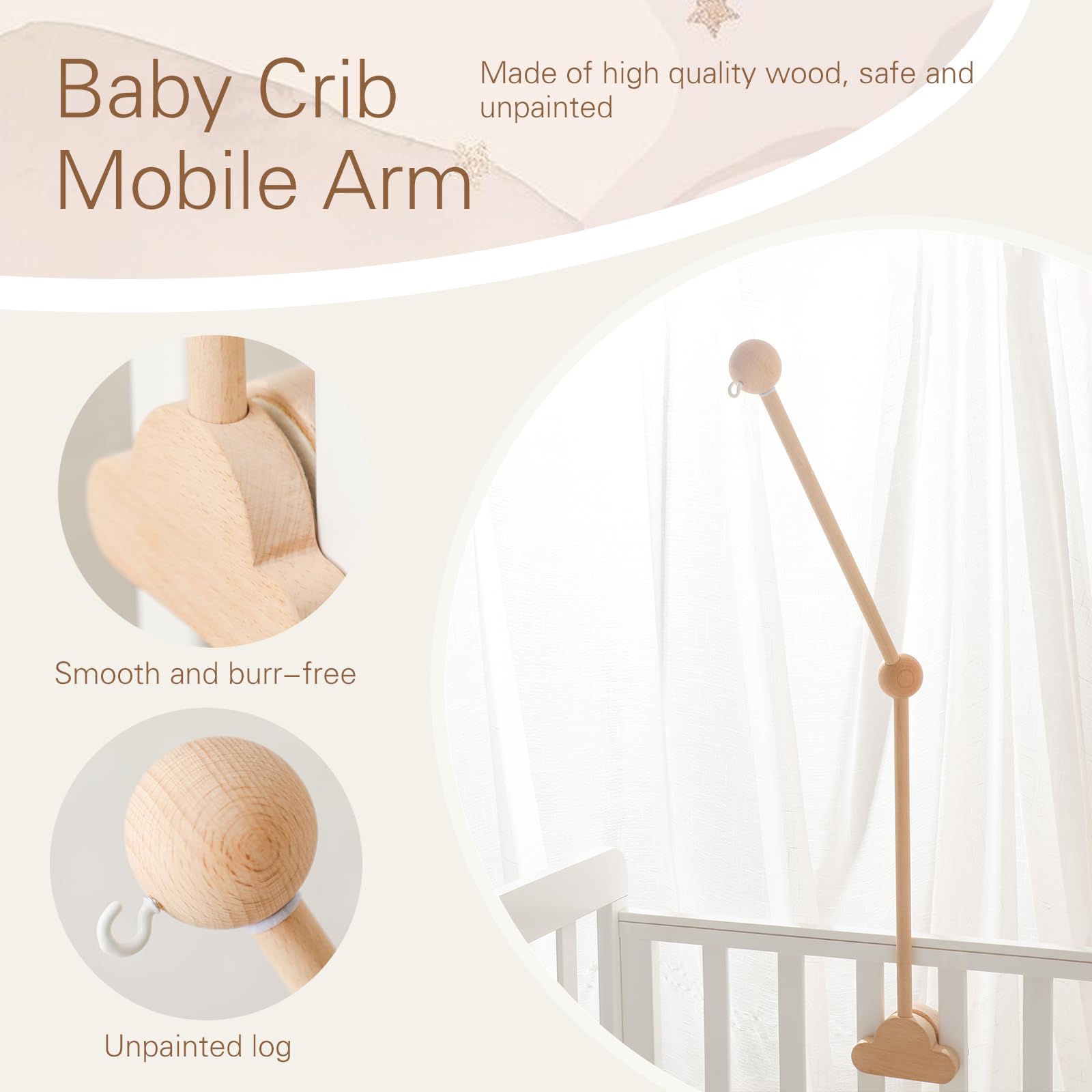 Promise Babe Baby Mobile Holder Wooden Clouds Design for Baby Cot Nursery Changing Table Playpen DIY Baby Mobile Holder Holder Rack Rod for Hanging Music Box Wind Chime Bed Bell - Image 3