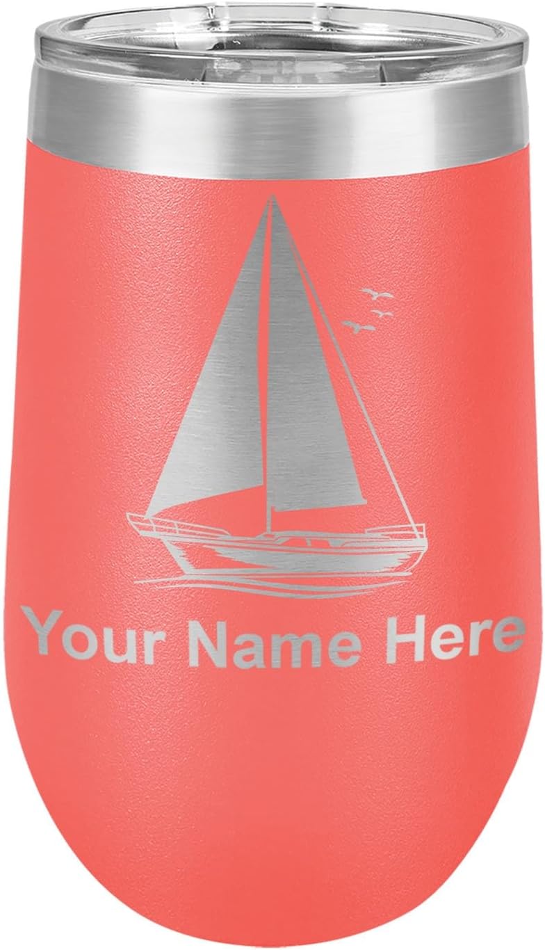 LaserGram 16oz Double Wall Stainless Steel Wine Glass Tumbler, Sailboat, Personalized Engraving Included (Black)