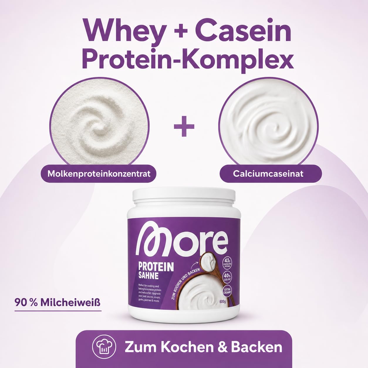 MORE Protein Sahne, 600 g – Proteinpulver mit Whey & Casein zum Kochen und Backen+Heartglobal Versandschutz