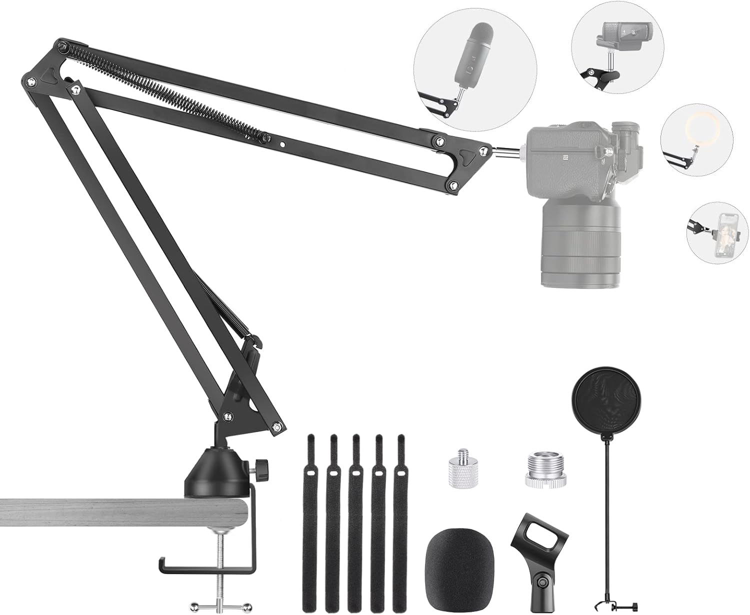 Neewer Microphone Arm Stand, Suspension Boom Arm Stand with Upgraded C-Clamp, Pop Filter, 3/8”–1/4” & 3/8”–5/8” Adapter, Mic Clip, Compatible with Blue Yeti Nano Snowball Ice, Ring Light, DLSR Camera : Musical Instruments