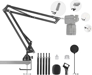 NEEWER Microphone Arm Stand, Suspension Boom Arm Stand with Upgraded C-Clamp, Pop Filter, 3/8”–1/4” & 3/8”–5/8” Adapter, Mic Clip, Compatible with Blue Yeti Nano Snowball Ice, Ring Light, DLSR Camera