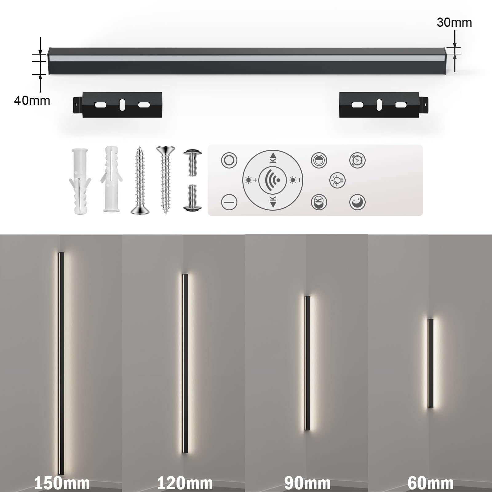 LANMOU Lange Wandleuchte Innen Dimmbar 150cm Schwarz LED Ecklampe 4000 LM | Wandlampe mit Fernbedienung ＆ Stecker, Modern Aluminiumgehäuse, 3000-6000K Lichtfarbe, 50W, Kabelmontage für Wohnzimmer