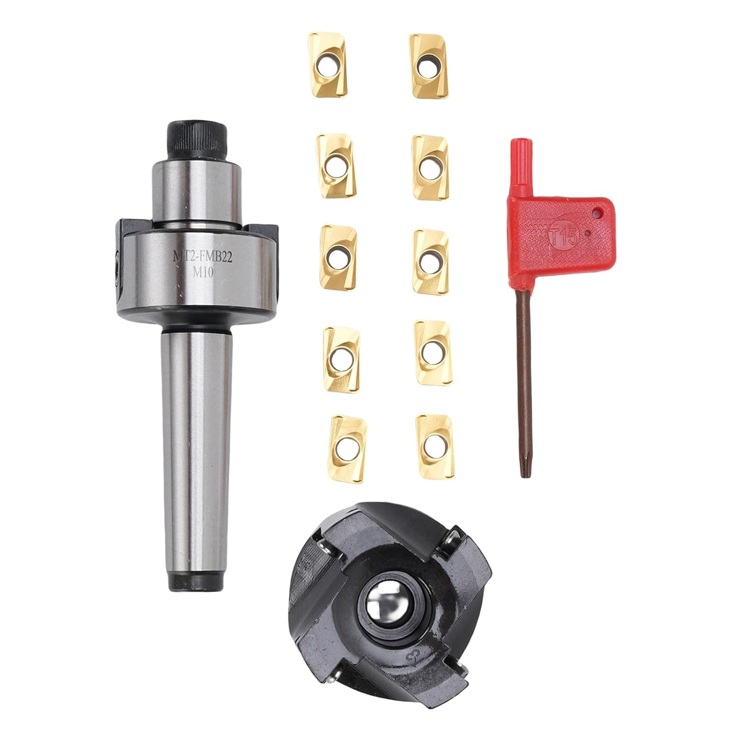 Jiawu Face End Mill Set, MT2-FMB22 Holder Extension, 400R-50-22 CNC Indexable High Speed Face Milling Cutter with 10 APMT1604 Carbide Inserts
