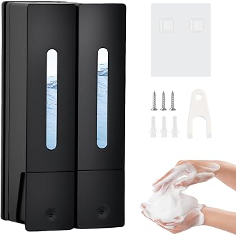 Soap Dispenser Wall Mounted No Drilling 2 Chamber Shower Gel Dispenser 400 ml Conditioner and Shampoo Dispenser for Bathroom and Kitchen Black