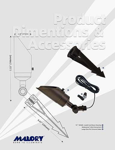 Vista 56 de MALORY Focos de paisaje de latón, paquete de 1 con bombilla MR16 (S02), iluminación LED de bajo voltaje de 12 V para exteriores para casa y árbol