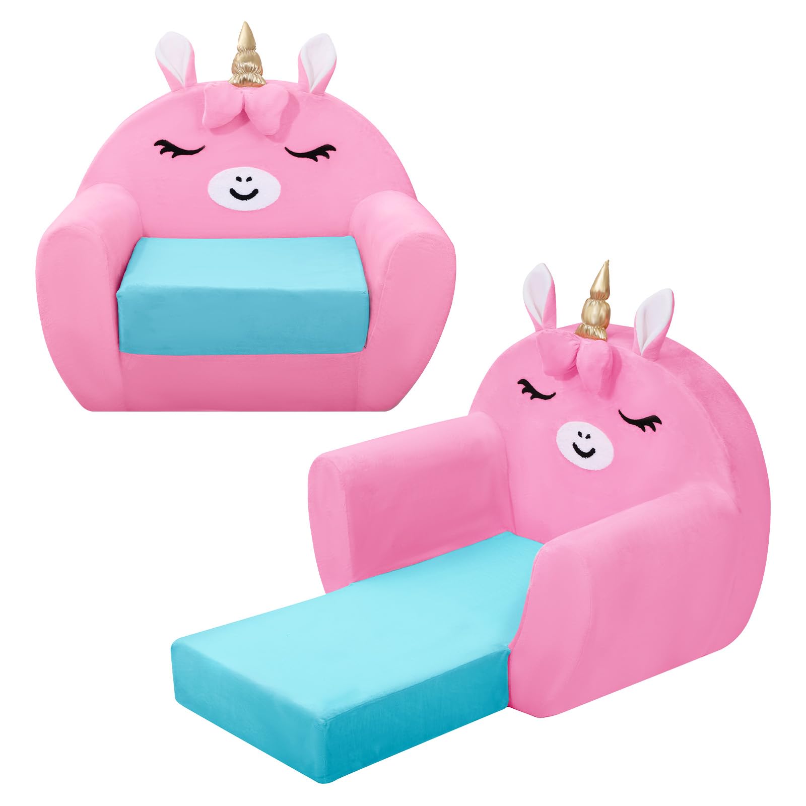 Sofá Plegable para Niños, Suave Cómodo Mini Sofá Infantil 2 en 1,Unicornio Rosa
