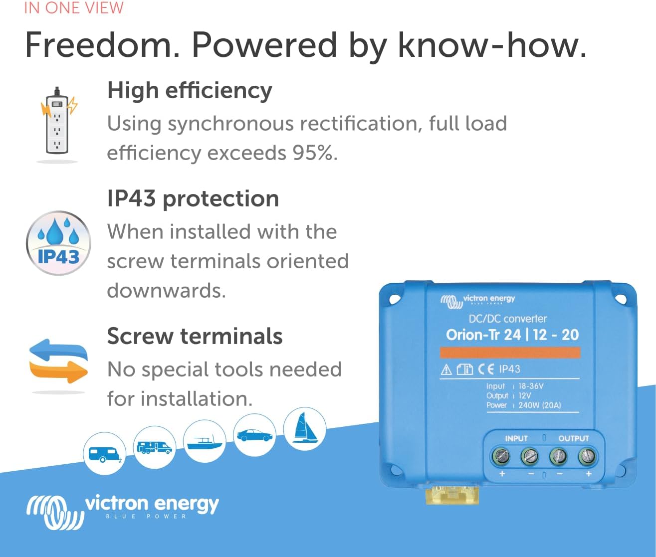 Victron Energy Orion-Tr DC to DC Converter - 24/12-Volt 20 amp 240-Watt - IP43 Protected - for Dual Battery Systems - Non-Isolated