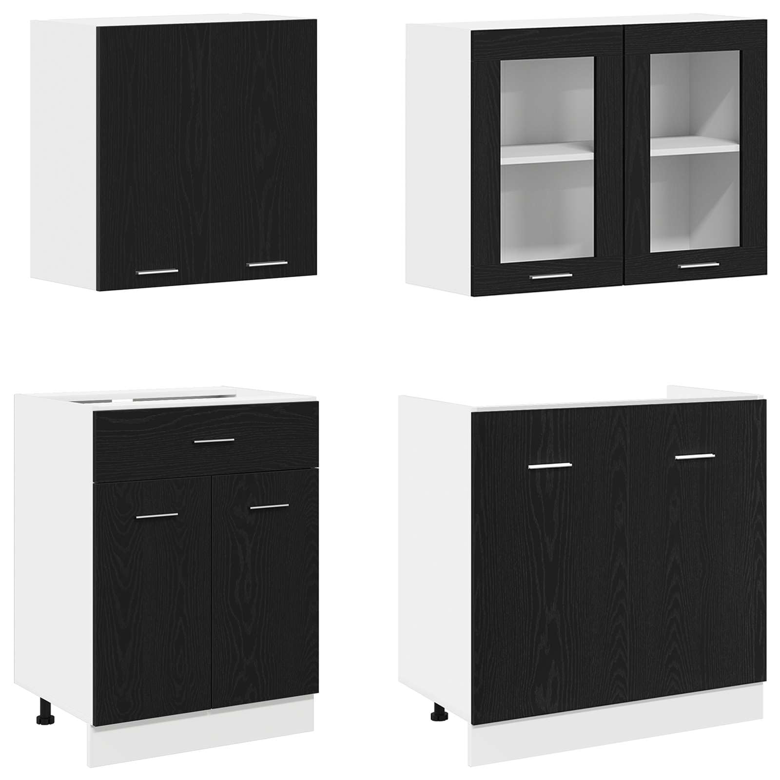 Meuble de Cuisine Lyon 4 Pièces Chêne Noir - Ensemble de Meubles de Cuisine en Bois d'Ingénierie avec Armoire sous Évier, Meuble Bas à Tiroir, Étagères et Placards Suspendus Vitrés