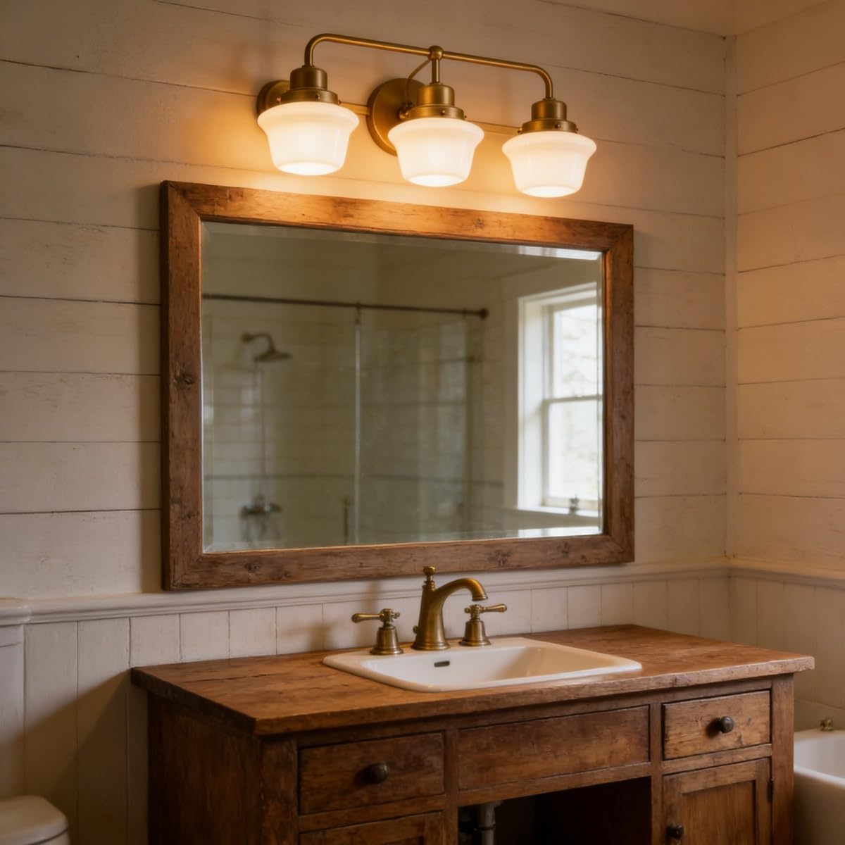 ANDY STAR Gold Bathroom Light Fixtures, 3-Light Milk Glass Vanity Light, Farmhouse Bathroom Light with Fully Enclosed Glare-Free Shades, Vintage Brass Wall Sconces for Bathroom Vanity, Up or Down