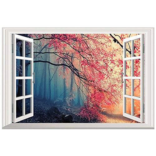 DNVEN 24 inches x 16 inches 3D Full Color High Definition Dark and Light Nature Forests Scenery False Faux Window Frame Window Mural Vinyl Bedroom Living Room Playroom Wall Decals Stickers