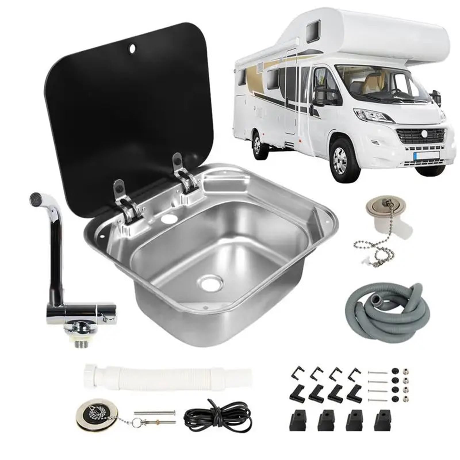 Yonmledo One Color Rv Stainless Steel Wash Sink Rv Stainless Steel Wash Basin Sink With Cold Hot Folded Faucet Tempered Glass Lid For Campers Accessories Caravan Boat Motorhome