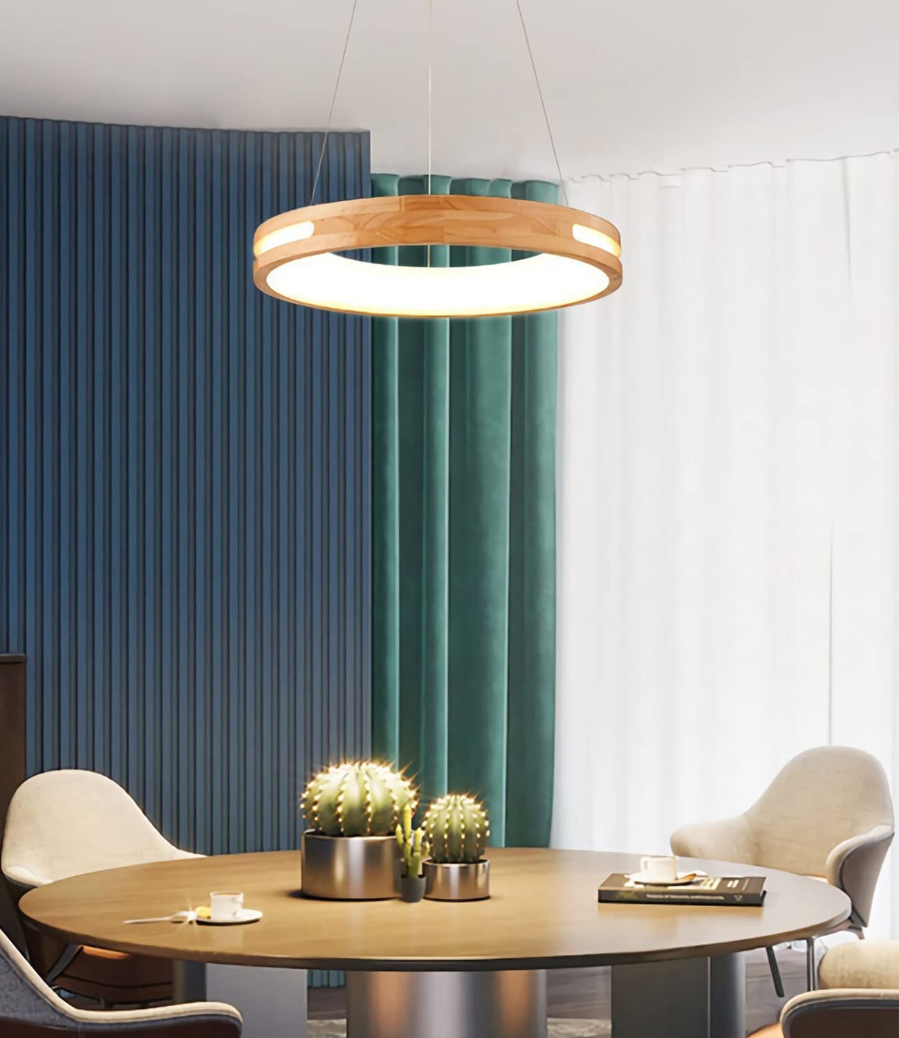 Bellastein Modern LED Pendant Lamp Dimmable Pendant Lamp Dining Table LED Pendant Lamp Wood Dining Room Pendant Lamp Kitchen Height Adjustable Chandelier for Living Room Office Pendant Lamp (B)