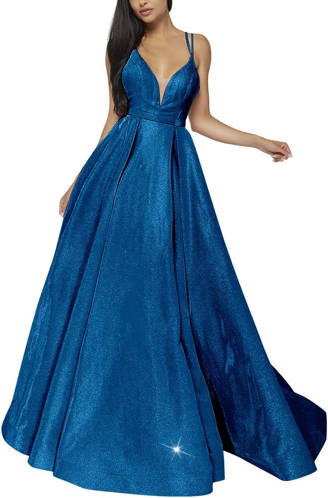 Women's Glittery Spaghetti V-Neck Prom Dresses Long Side Split Formal Evening Gowns