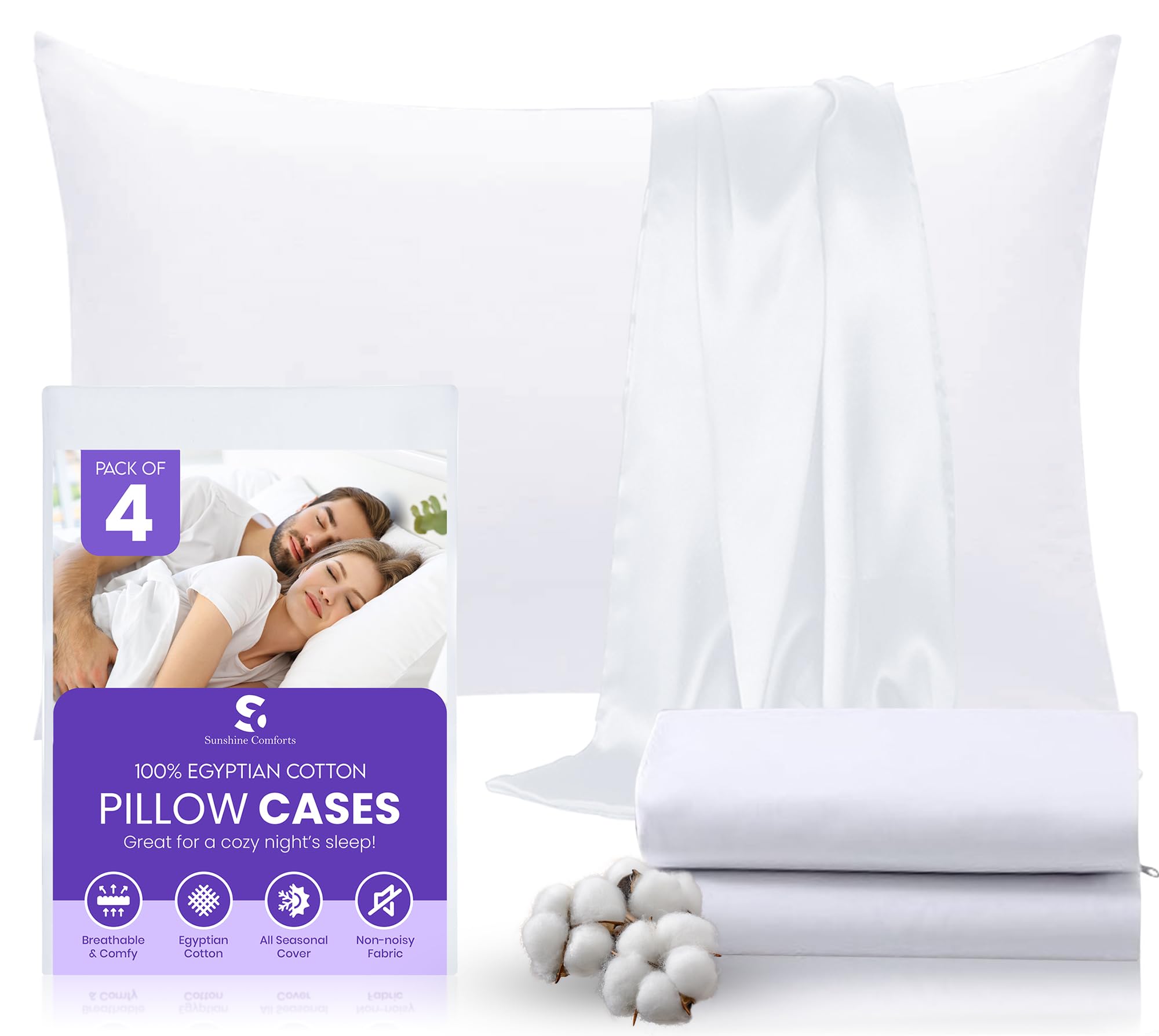 Sunshine Comforts Pillow Cases 4 pack - Egyptian Cotton 200 Thread Count Pillow Cases/Pillow Protectors, Hotel Quality Fabric & Wrinkle free pillows Cover Pack of 4 (Standard 50x75 cm, White)