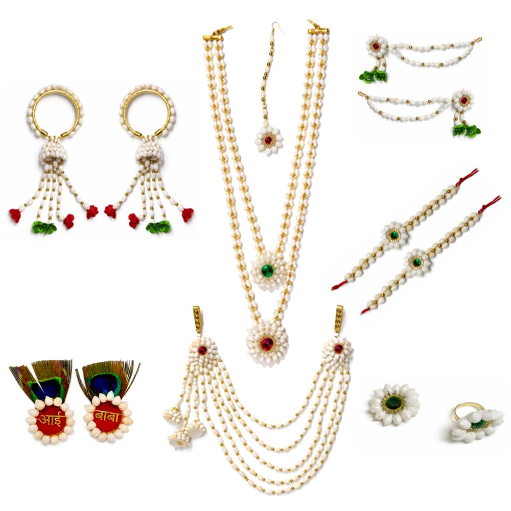 Art Jewellery elegant Artificial real look white Mogra Buds With red & green stone stud Mogra Flower jewellery set/Special baby shower/for women.-image-16
