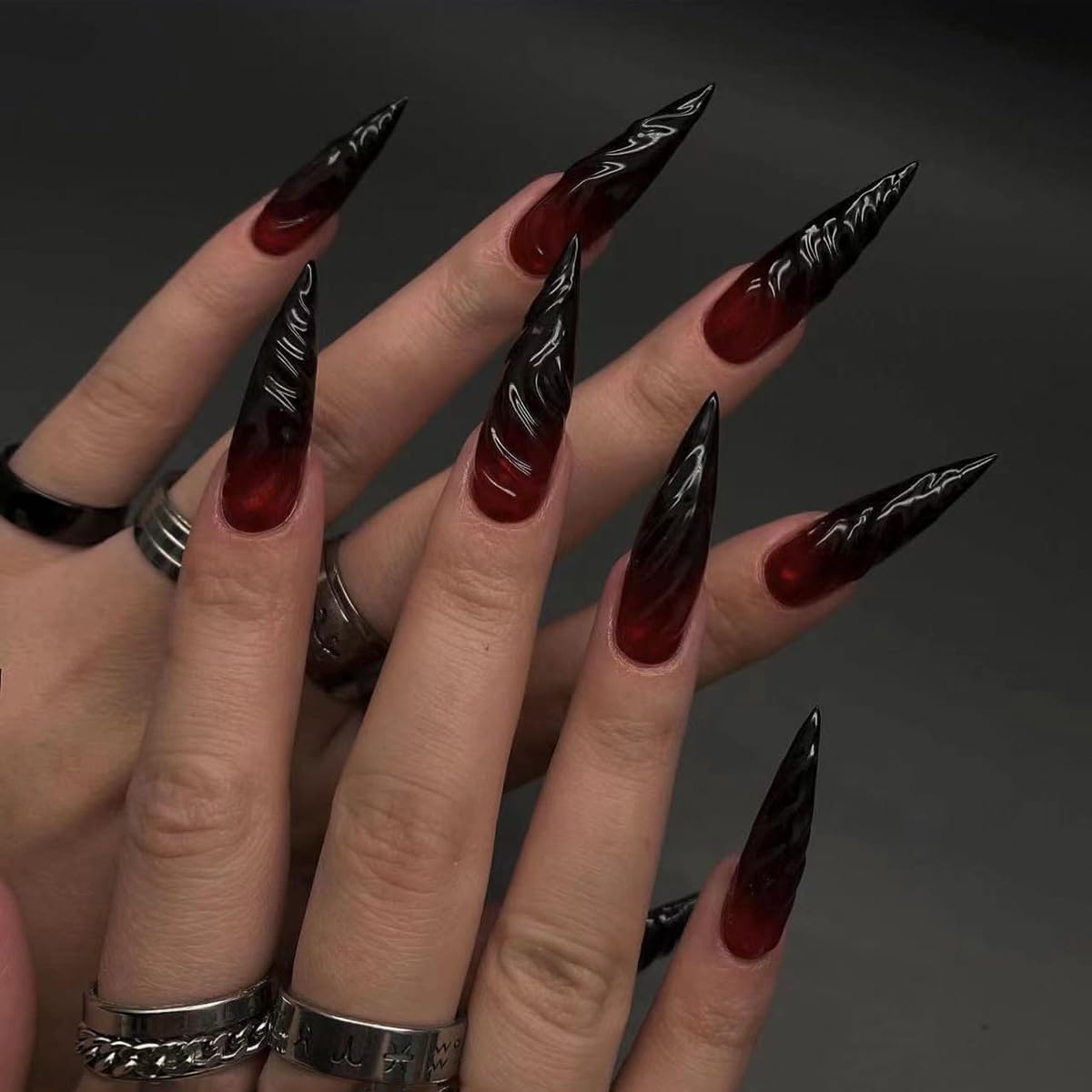 24pcs Extra Long Stiletto False Nails Black Red Ombre Press on Nails 3D Swirl Design Gothic