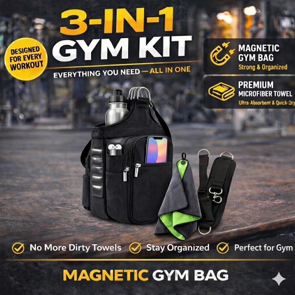 Magnetic Gym Bag Organizer Set – Strong Magnet Bag with Phone Holder, Magnetic Towel & Hip Thrust Belt, Attaches to Gym Equipment, Keeps Gear Off Dirty Floors