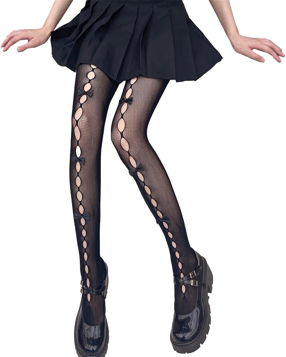 Women Lolita Tights with Bows Cute Mesh Hallow Harajuku Stockings 80S 90S Female Girls Gothic Lace Stockings Leggings