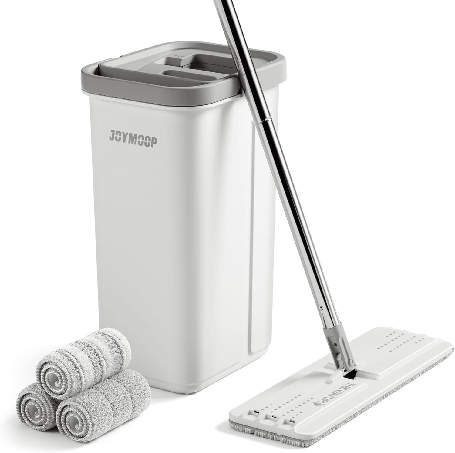 JOYMOOP Wischmopp und Eimer mit Auswringer-Set, Flacher Bodenwischer, 3 waschbare Mikrofaser-Pads, Nass- und Trockengebrauch
