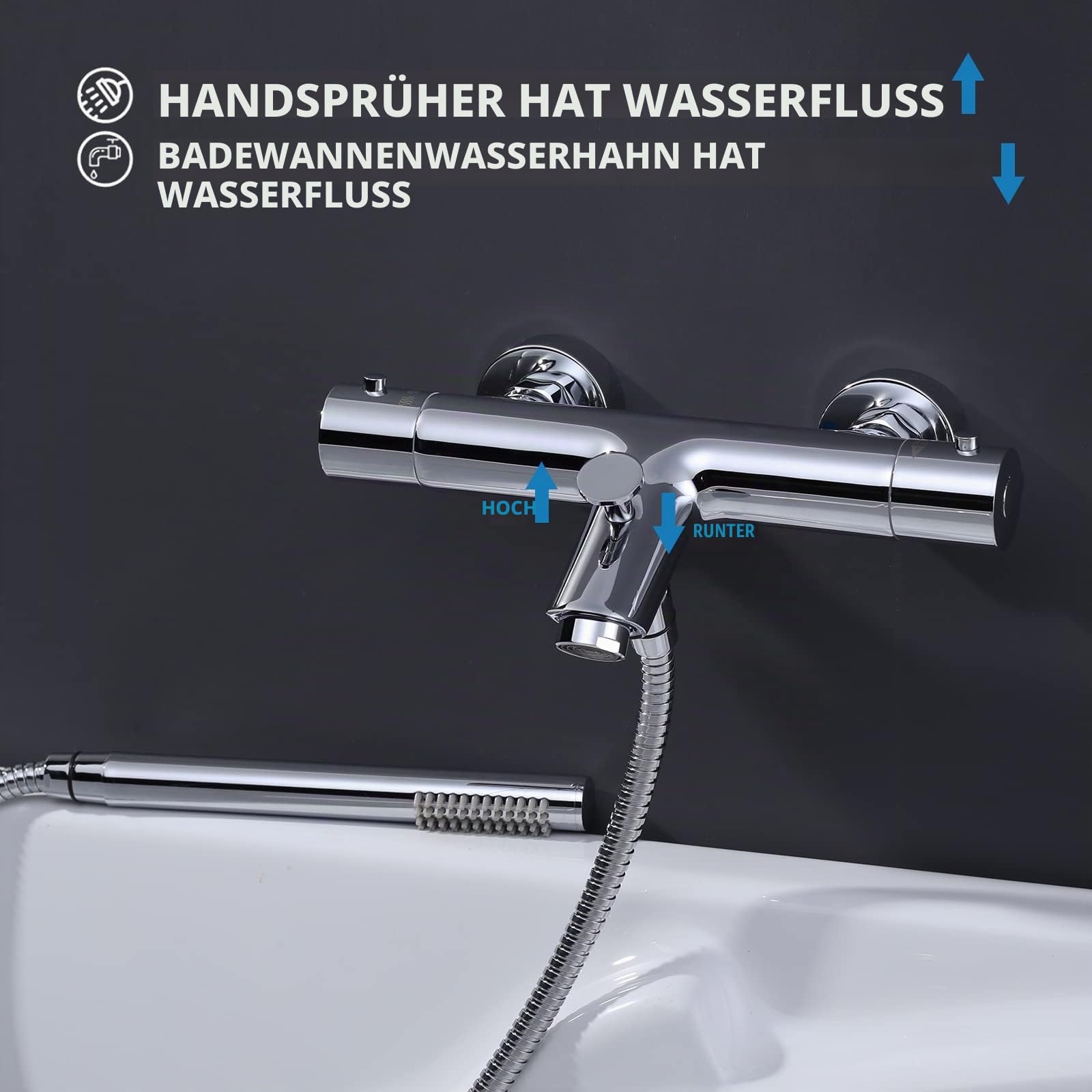 Badewannenarmatur Thermostat, Badewannenarmatur aus Kupfer 38℃ Verbrühschutz Mischbatterie Badewanne mit wassersparend M24 Perlator für Badewanne