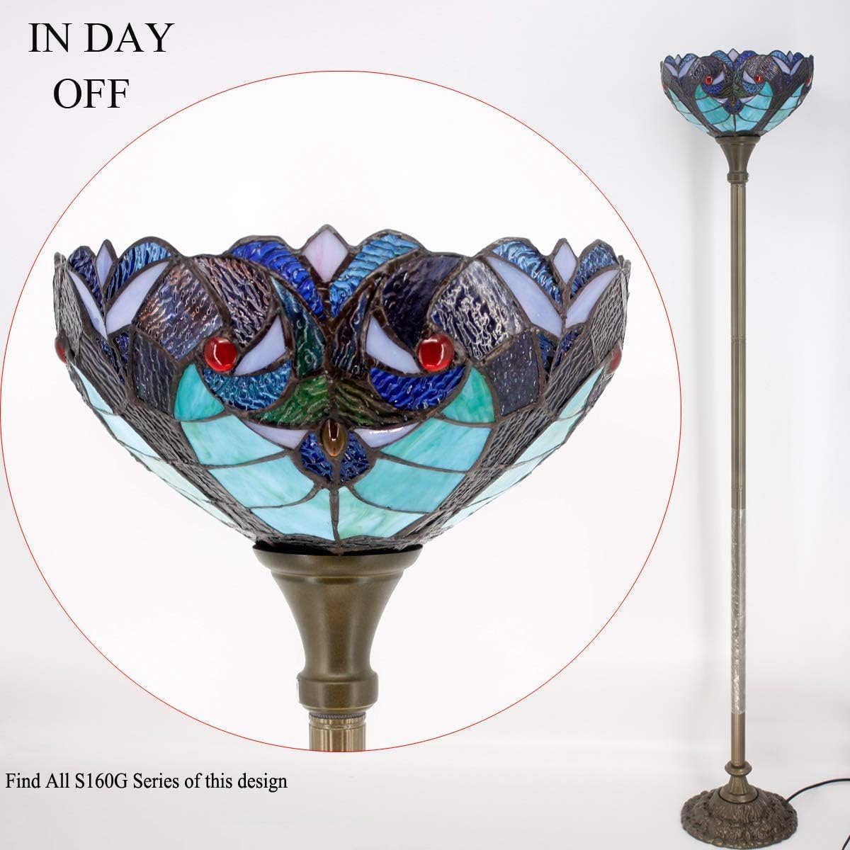 WERFACTORY Tiffany Floor Lamp Green Liaison Stained Glass Light 12X12X71 Inches Pole Torchiere Standing Corner Torch Uplight Decor Bedroom Living Room Home Office S160G Series