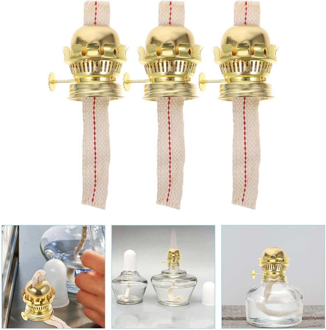 Uonlytech 3 Sets Oil Wick Kerosene Brass Lamps with Plated Vintage Ring Reduction Aluminum Alloy Parts for Accessories Chimney Part and Cotton Burner Flat Antique Re Lamp Replacement