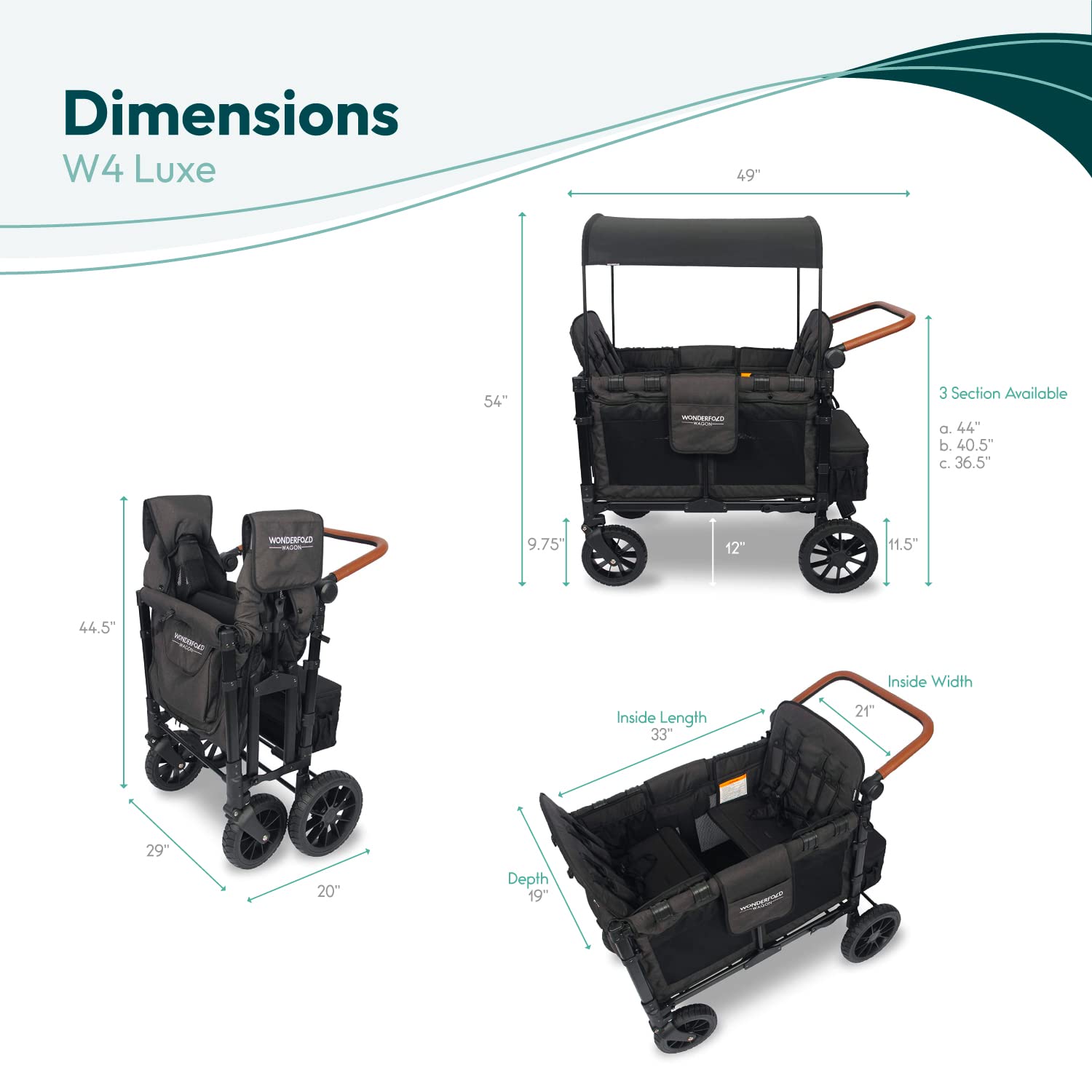 WONDERFOLD W4 Luxe Quad Stroller Wagon Featuring 4 High Face-to-Face Seats with Magnetic Buckle 5-Point Harnesses and Adjustable/Removable UV-Protection Canopy, Black
