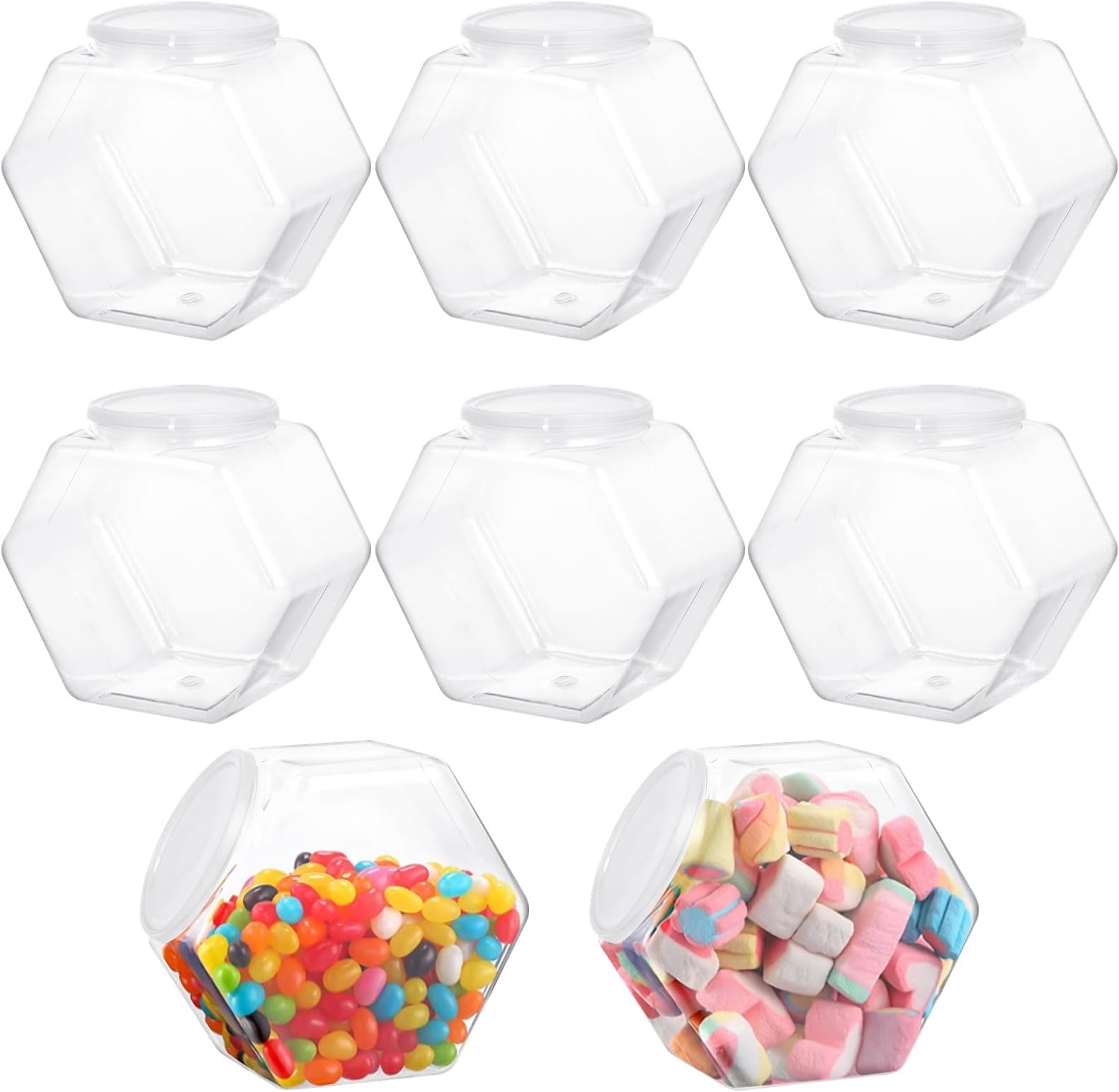 8 PCS Plastic Candy Jars, Clear Cookie Jars with Lids, Hexagon Cookie Jars for Kitchen Counter, Reusable Coffee Candy Buffet for Snacks, Cookie, Dog Treats, Coffee Pod(30 OZ)