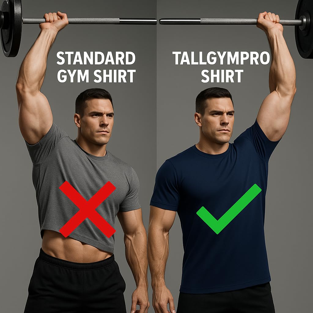 Męska wysoka koszulka gimnastyczna | True Tall Fit for Men 6'5.1 cm+ | Bardzo długa, atletyczny, zwężany krój, odprowadzająca pot koszulka treningowa