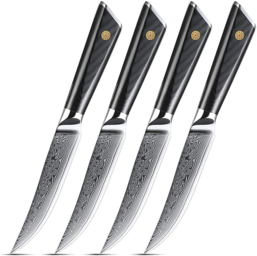 Steak Knives Set of 12 5 Inch Non-serrated High-Carbon Stainless Steel Steak Knife With G10 Handle, Damascus Steel 67-Ply Steak Knife Set, Full Tang, Razor-Sharp Dinner Knives