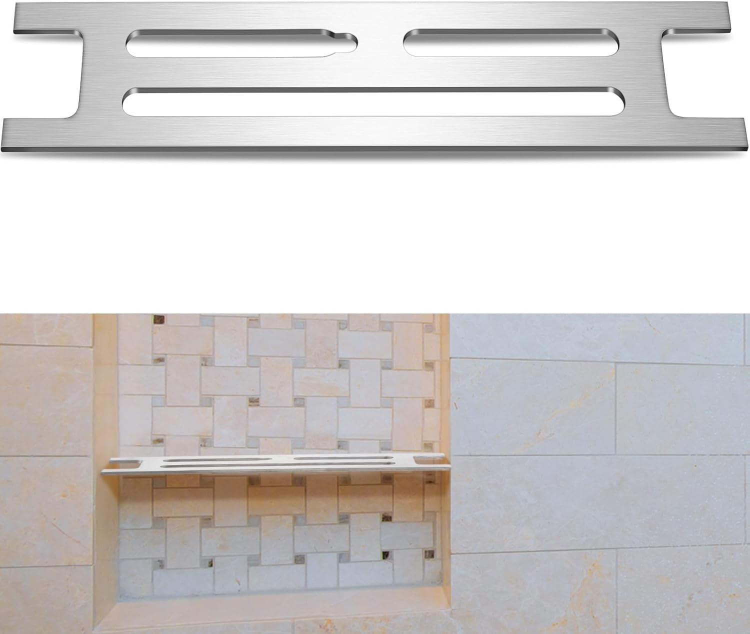 2 Pcs Bathroom Niche Shelf for 12" Prefabricated Niches Fits 1/8" Grout Line, 3mm Thick, Marine Grade Brushed 316 Stainless Steel Shelf During Remodel Before Tile Installation