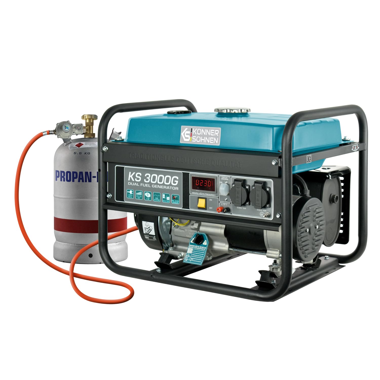 Generador de doble combustible (gasolina y gas) KS 3000G, generador electrico gasolina 3000 W, 2x16A (230 V), 12V, generador 4 tiempos con (AVR), indicador de aceite, protección ante sobrecargas