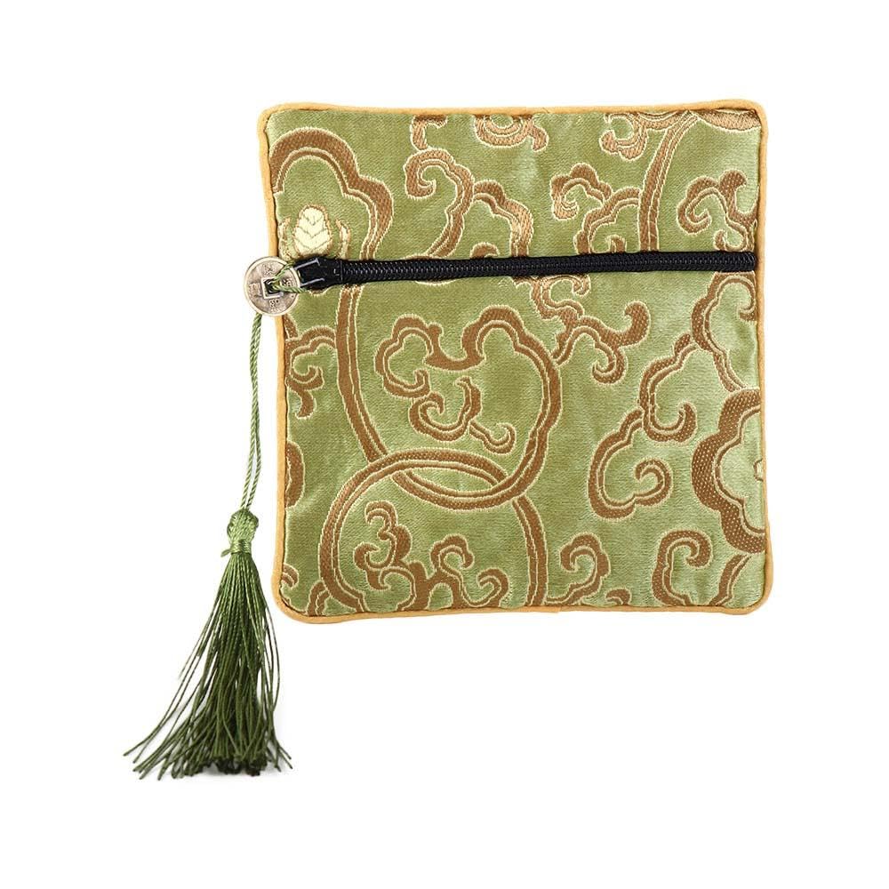 Square Shape Silk Jewelry Organizer Pouch with Tassel, Embroidery Travel Bags Coin Purse Zipper Pouch Small Gift(Light Green)