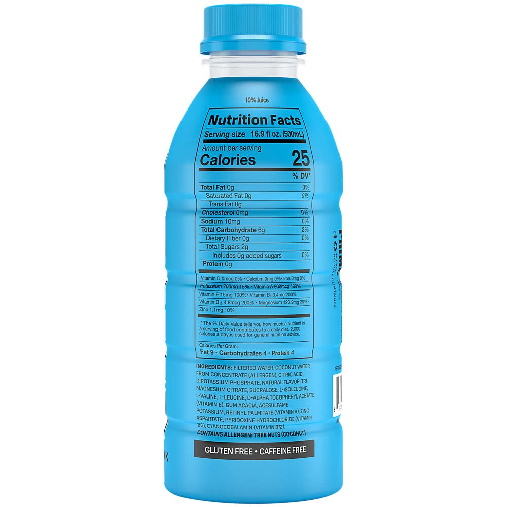 PRIME Hydration BLUE RASPBERRY, Sports Drinks, Electrolyte Enhanced for Replenishing Fluids, 250mg BCAAs, B Vitamins, Antioxidants, Low Sugar, 16.9 Fl Oz, 12 Pack