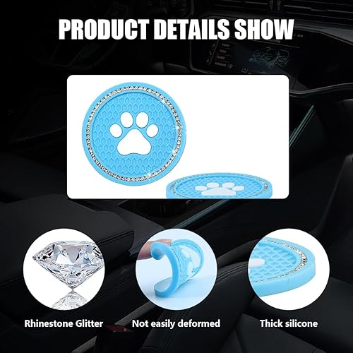 Miniatura 10 de Kewucn Bling Paw - Portavasos para automóvil, 2 posavasos antideslizantes para auto, tapete decorativo con diamantes de imitación de cristal