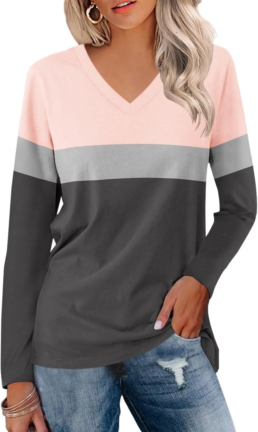 Minetom Women’s V Neck Long Sleeve T Shirts Casual Color Block/Solid Tunic Tops Basic Tees