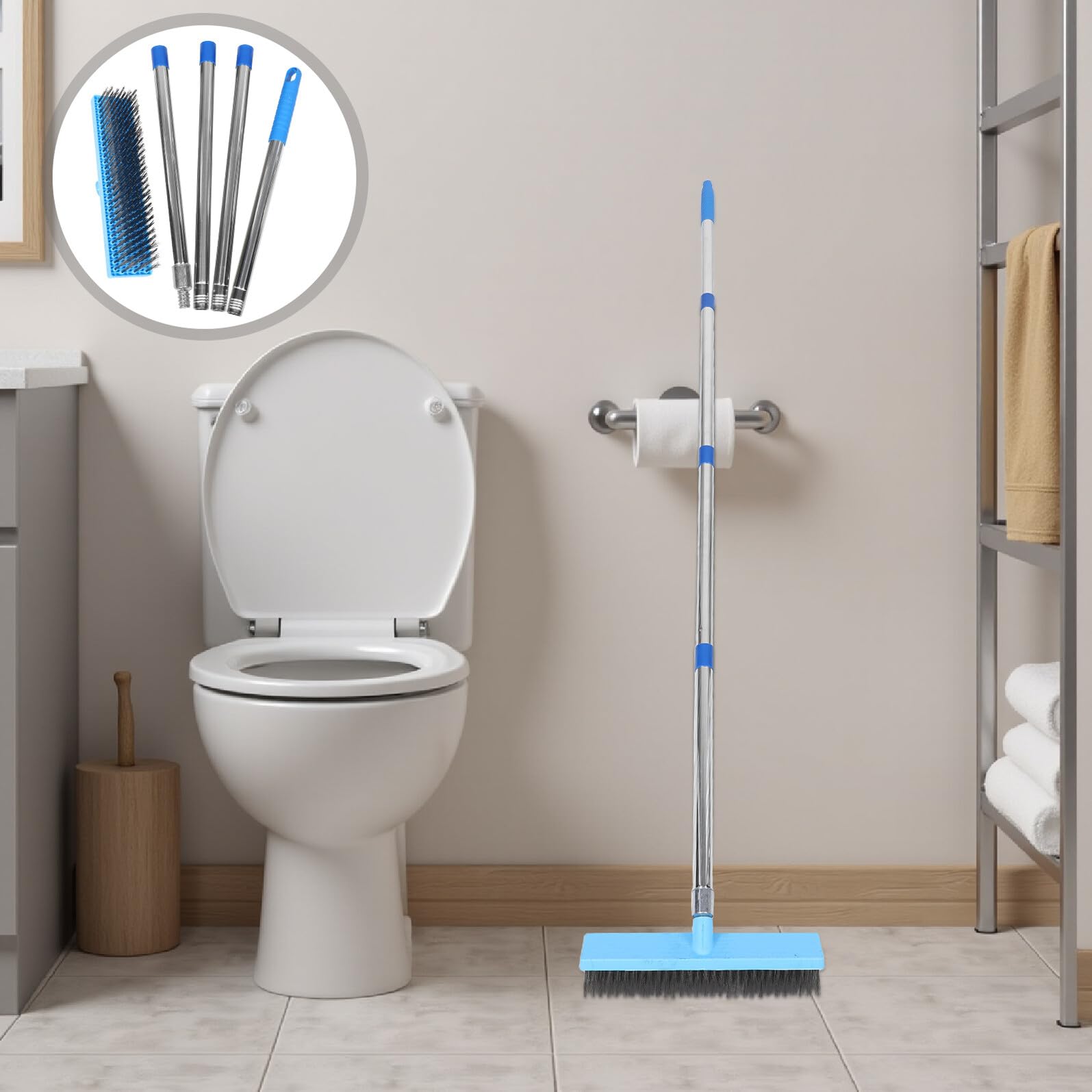 SHINEOFI Cepillo Fregador para Limpieza de Suelos con Cerdas de Acero Inoxidable Mango Largo de 16 M Cepillo para Fregar Azulejos y Lechada en Baños Ducha y Terrazas Herramienta