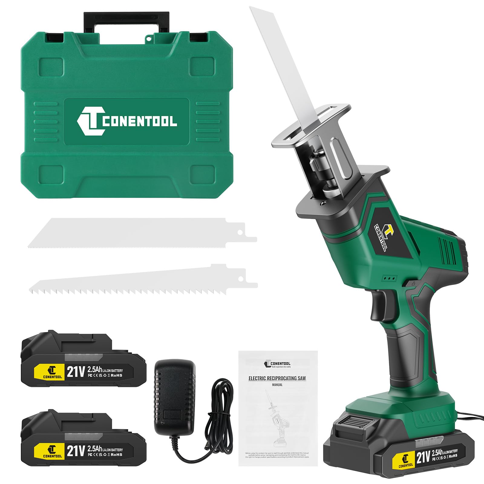 CONENTOOL Brushless Reciprocating Saw 21V/550w, 0-2800 RPM Cordless Electric Reciprocating Saw with 2X 2500mAh Batteries